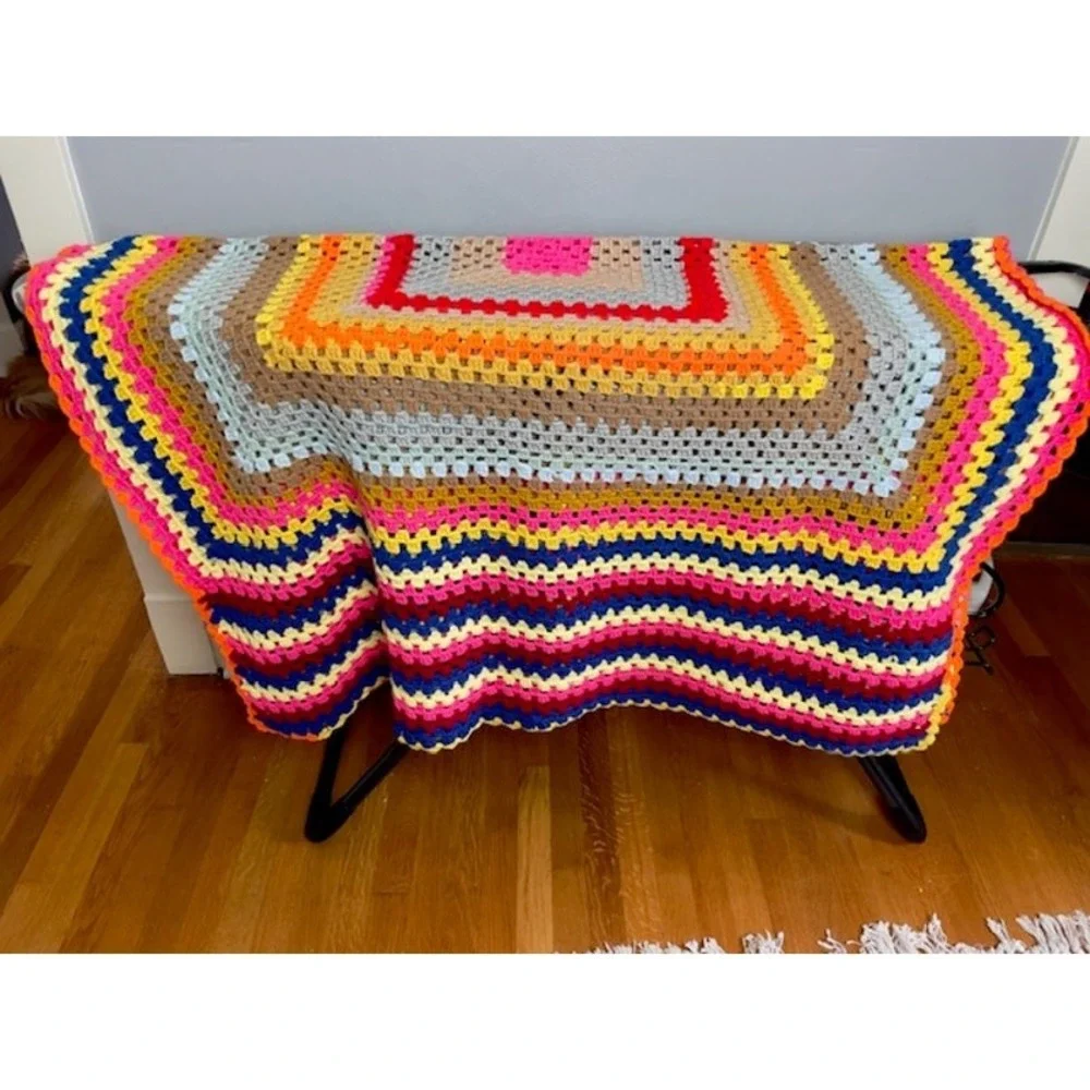 Boho Hand Crocheted Granny Square Afghan Throw Blanket 68